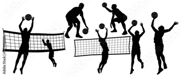 Fototapeta Vector art of silhouetted volleyball players, isolated on white background, dynamically spike and set the ball over the net during an intense match