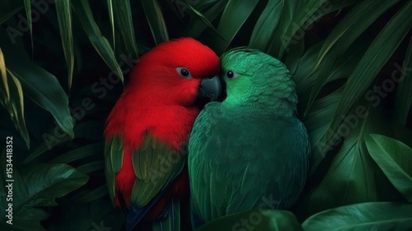 Obraz Two parrots, one red and one green, nestled together amidst lush tropical foliage.