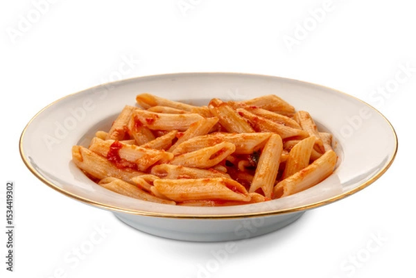 Obraz Penne macaroni pasta with tomato sauce, penne all'arrabbiata in white plate with golden edge isolated