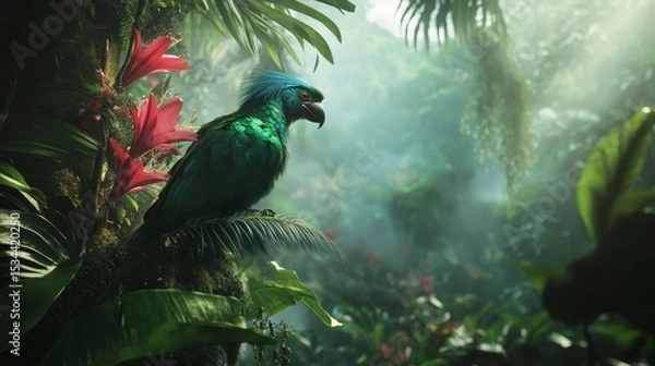 Obraz Vibrant blue-green parrot perched on lush tropical foliage in a misty jungle setting.