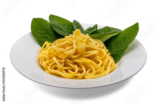 Obraz Egg noodles topped with butter and sage in white dish with butter slices and sage leaves, square spaghetti in white dish isolated