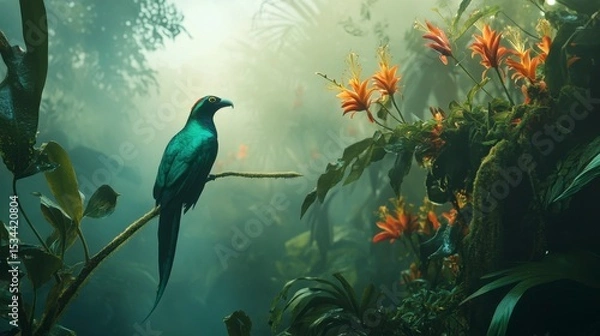 Obraz A vibrant blue bird perched on a branch amidst lush, misty rainforest foliage with vibrant orange flowers.