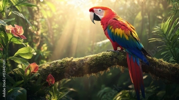 Obraz Scarlet macaw perched on a mossy branch in a sun-dappled rainforest.