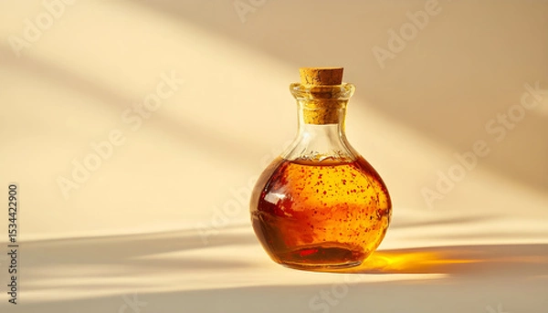 Obraz An elegant glass bottle filled with thick amber-colored chili pepper infused oil with a tightly capped stopper stands on a white background ready for culinary creations