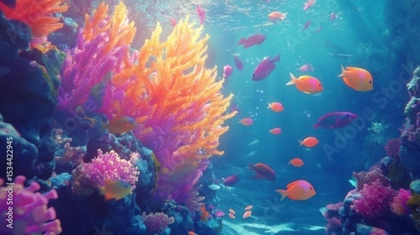 Obraz Vibrant coral reef teeming with colorful fish and sunlight.