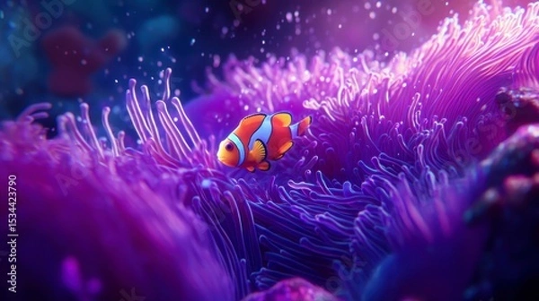 Obraz Vibrant orange clownfish nestled within luminous purple sea anemone.