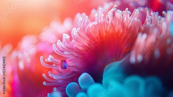 Obraz Vibrant coral polyps underwater, close-up showcasing intricate details and textures.