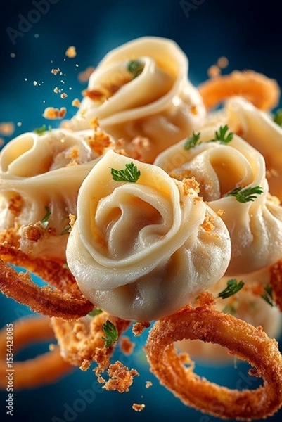 Fototapeta Plate of pierogi, Polish dumplings with filling, topped with parsley on deep blue gradient. Concept of pierogi showcasing textures, colors, and appetizing presentation.