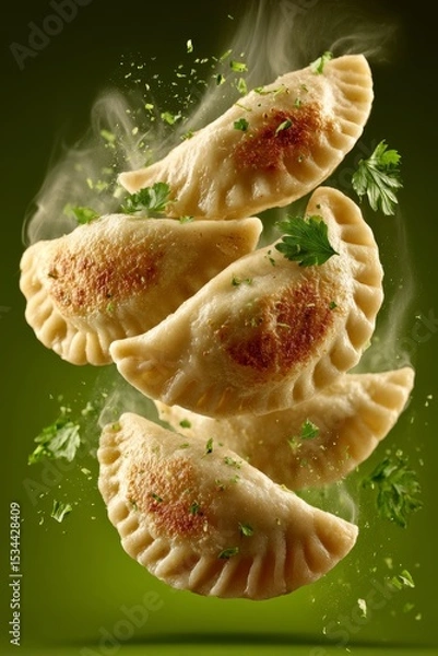 Fototapeta Four pierogi, Polish dumplings with filling, suspended mid-air with steam rising. Concept of vibrant presentation focusing on textures, evoking warmth of pierogi.