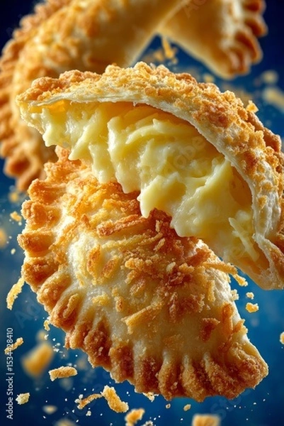 Fototapeta Golden-brown pierogi, Polish dumplings with filling, with bite taken out revealing melted cheese. Concept of flavor and texture in pierogi, inviting and delicious!