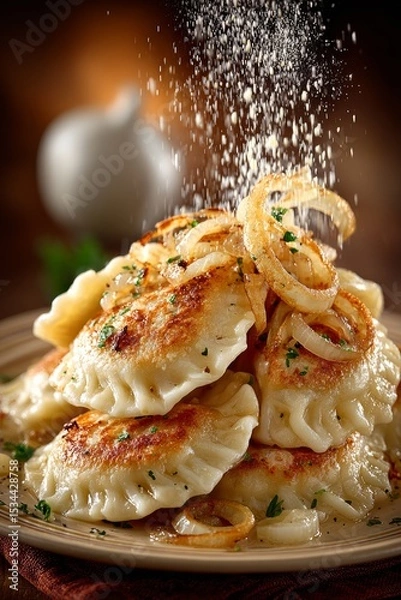 Fototapeta Plate of pierogi, Polish dumplings with filling, garnished with onion rings, herbs, light dusting of salt, warm golden light. Concept of focus on pierogi, inviting presentation.
