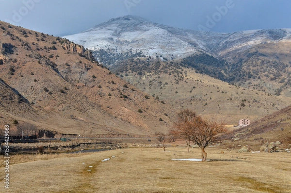 Obraz Solak mountain in winter scenic view from Hrazdan river gorge near Bjni (Kotayk province, Armenia)	
