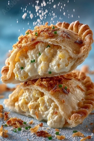 Fototapeta Stack of pierogi, Polish dumplings with filling, featuring golden-brown crusts and creamy fillings topped with green onions. Concept of comfort food, pierogi delight.