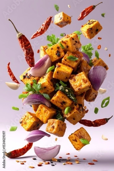 Fototapeta Vibrant Szechuan cubes, spicy Sichuan-style cuisine dish, topped with herbs, surrounded by red chilies, red onions, green cilantro. Concept of Szechuan flavors, colors, textures.