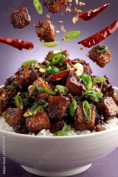 Fototapeta Szechuan stir-fried tofu and vegetables topped with sesame seeds, colorful mix of flavors. Concept of vibrant Szechuan-style cuisine highlighting spices, texture.