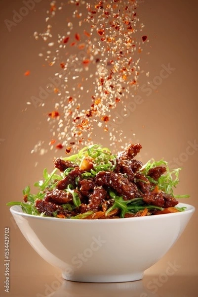 Fototapeta Szechuan-style spicy dish featuring colorful salad with sesame seeds. Concept of vibrant szechuan flavors highlighting spices and textures in presentation of well-crafted cuisine.