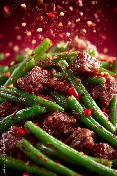 Fototapeta Szechuan stir-fried green beans ground beef, golden-brown glaze, red chili flakes. Concept of vibrant Szechuan-style dish emphasizing texture, color, flavor. Spicy Sichuan-style cuisine dish.