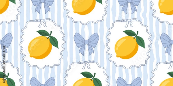 Fototapeta Seamless pattern with lemons and bows on blue wavy stripes. Summer repeating fruit pattern. Mediterranean coastal design background.