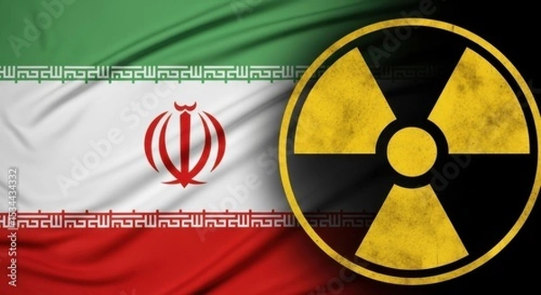 Fototapeta Iranian national flag next to a yellow nuclear radiation symbol, representing the symbol of nuclear threat, and atomic energy tensions