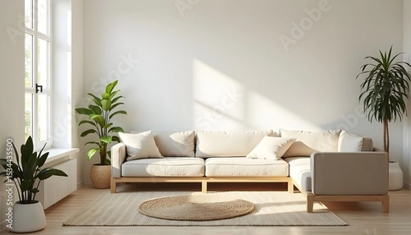 Fototapeta Bright Minimalist Living Room with Beige Sofa, Natural Fiber Rugs, Potted Plants, and Ample Sunlight, creating a Serene Space