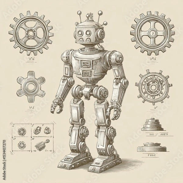 Fototapeta Vintage engraving sketch of retro robot with mechanical gears and technical parts on beige background