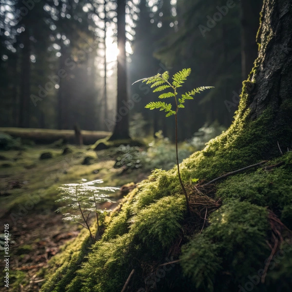 Fototapeta Serene Seedling in a Moss-Covered Forest Floor