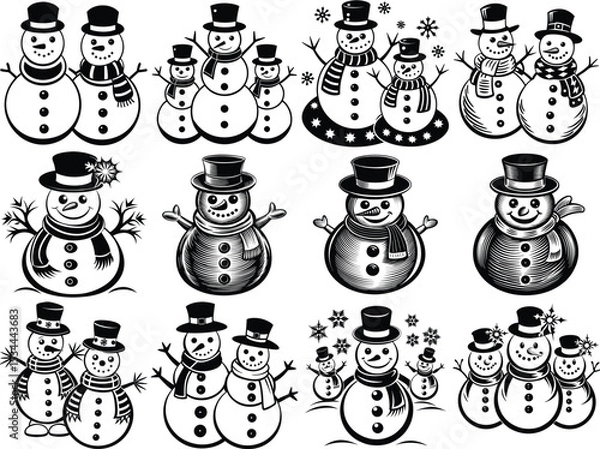 Fototapeta Snowmen silhouette vector illustration isolated on white background.