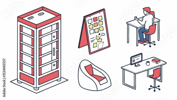 Fototapeta Clean Isometric Illustration of Modern Business Office Workplace Elements Furniture Objects Desk Chair Computer Planning Set