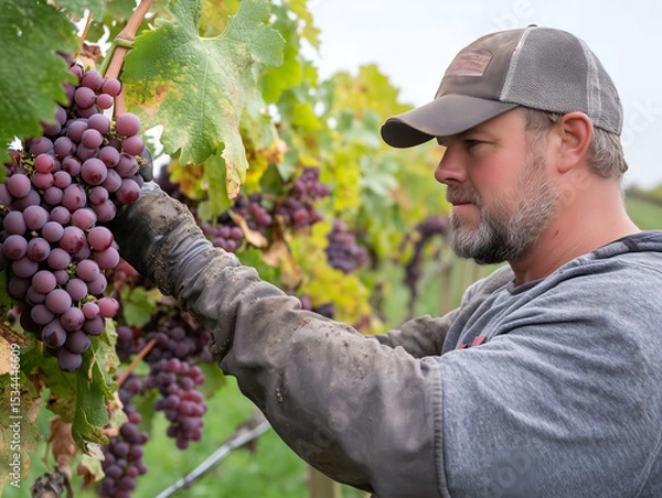 Fototapeta Grape Harvest Close-Up, Man Picking Fresh Grapes