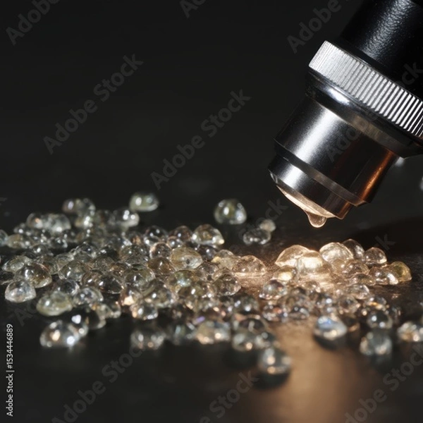 Fototapeta Close-up of a microscope lens focusing on scattered clear diamonds on a dark surface, illustrating gemology and scientific examination.
