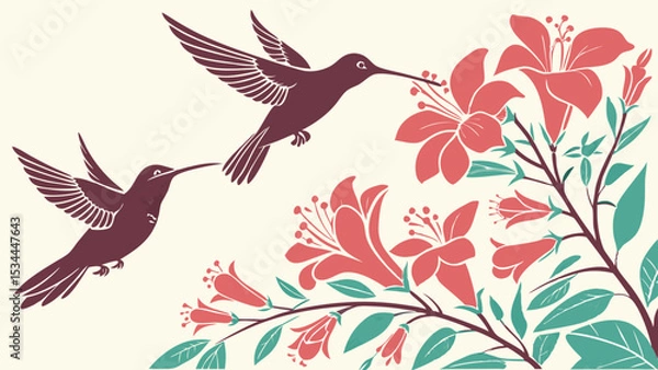 Fototapeta Stylized Nature Illustration of Two Hummingbirds Flying Towards Red Flowers and Green Leaves