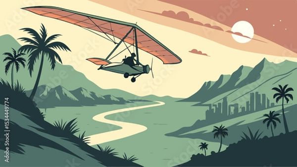 Fototapeta Motorized Hang Glider Flying Over Tropical River, Mountains, Palm Trees at Sunset - Stylized Illustration