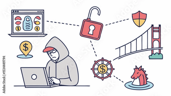 Fototapeta Simple flat illustration hacker cyber attack digital security threat data breach financial crime golden gate bridge