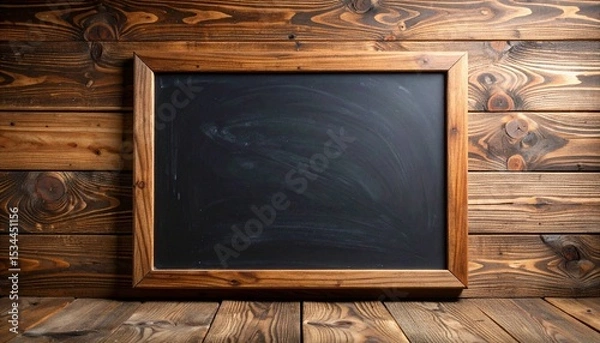 Fototapeta 木の壁の前に置かれた木製フレームの黒板