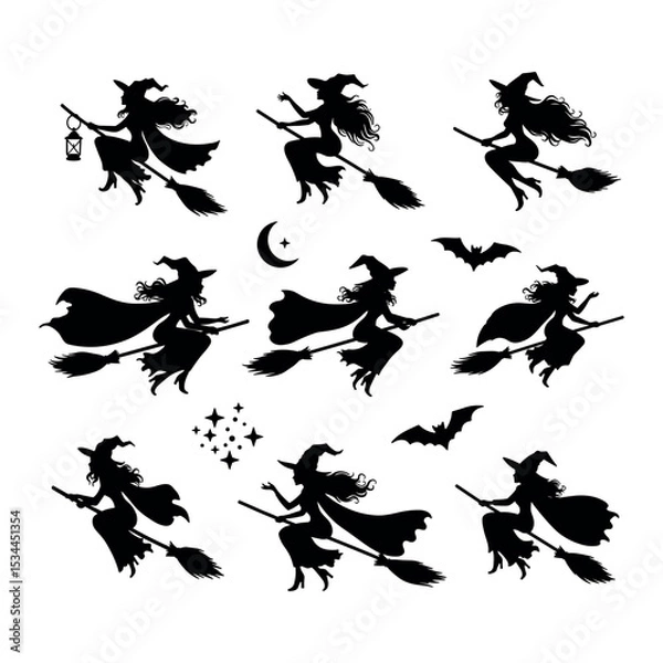 Obraz Halloween Witch Silhouettes Collection – Flying Standing and Spellcasting Poses.