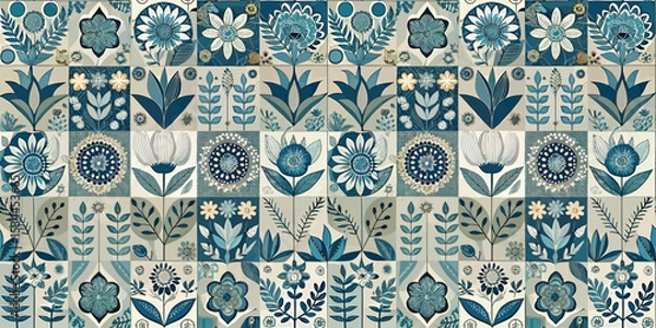 Obraz Vibrant floral pattern in teal and cream, featuring assorted flowers and leaves.
