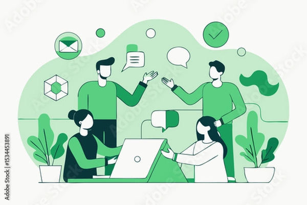 Fototapeta Office communication meeting, people discussing tasks with message icons, green color theme, teamwork collaboration, project discussion, vector illustration of corporate communication.