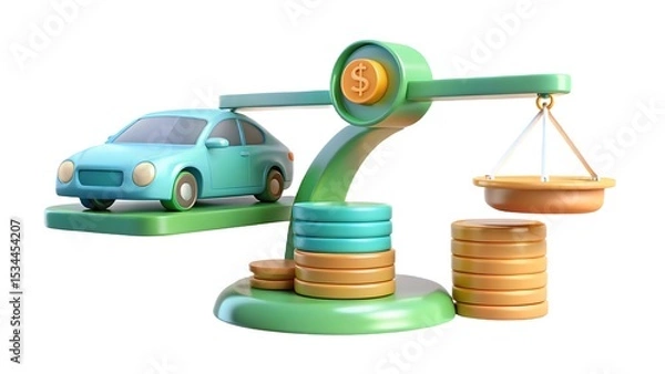 Fototapeta Car purchase balance concept with modern toy car model and financial coins on weighing scale illustration