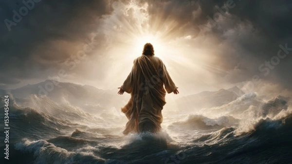Obraz Divine figure walking on water under golden light through storm clouds