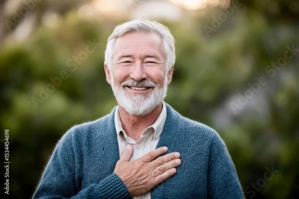 Obraz Smiling elderly man with hand on chest in golden hour park
