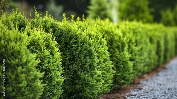 Fototapeta Artistic vision of a vibrant Leyland cypress hedge with expertly pruned, dense evergreen needles arranged in a symmetrical and modern garden setting