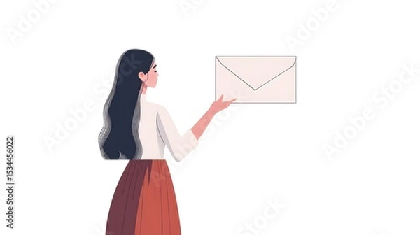 Fototapeta Modern Flat Vector Illustration Featuring an Elegant Woman with an Oversized Envelope on a Pristine White Background Representing Dynamic Communication