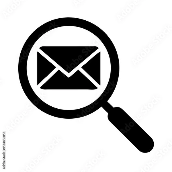 Fototapeta Email Search Icon – Magnifying Glass with Envelope Symbol, Black and White Message Scan Vector, Communication Lookup Clipart, Mail Analysis Graphic, Inbox Find Silhouette Illustration