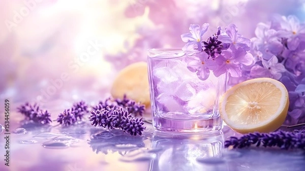 Fototapeta Intricate Digital Artwork of Purple Flowers and a Sparkling Glass of Juice Merging Spa Serenity and Aromatherapy Wellness in a Refreshing Summer Lavender Lemonade Scene