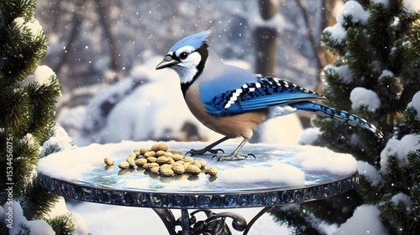 Fototapeta Serene and vibrant composition featuring a blue jay on a glass table with scattered peanuts, embraced by lush Leyland cypress hedges in a peaceful snowy landscape