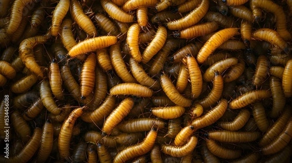 Fototapeta Detailed Aerial Image Focusing on a Wealth of Mealworms Lying on a Textured Backdrop of Natural Hues with Intricate Movements and Organic Details