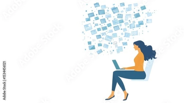 Fototapeta Modern Business Illustration Showcasing a Focused Woman Navigating a Digital Flurry of Emails with an Intricate Customer Feedback Panel