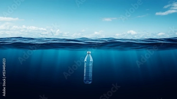 Fototapeta Dramatic Representation of a Plastic Bottle in the Deep Blue, Emphasizing the Enduring Effects of Marine Pollution