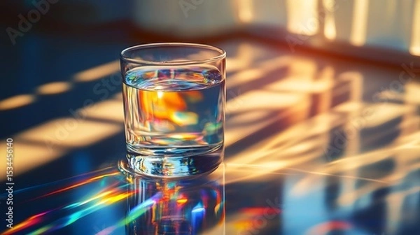 Fototapeta Clear Glass of Water on a Reflective Platform Displaying Sunlight Refracted into a Cascade of Rainbow-Colored Beams, Creating a Brilliant and Tranquil Visual Masterpiece