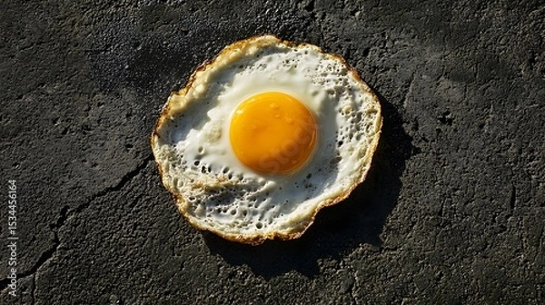 Fototapeta Overhead view of a sizzling fried egg on a scorching concrete sidewalk that illustrates an intense summer urban heat and culinary spectacle in a vibrant outdoor setting